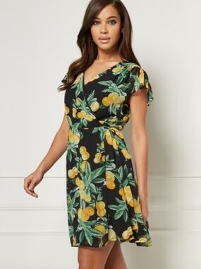 eva mendes for New York & Company Black Wrap Dress with Yellow Citrus Print